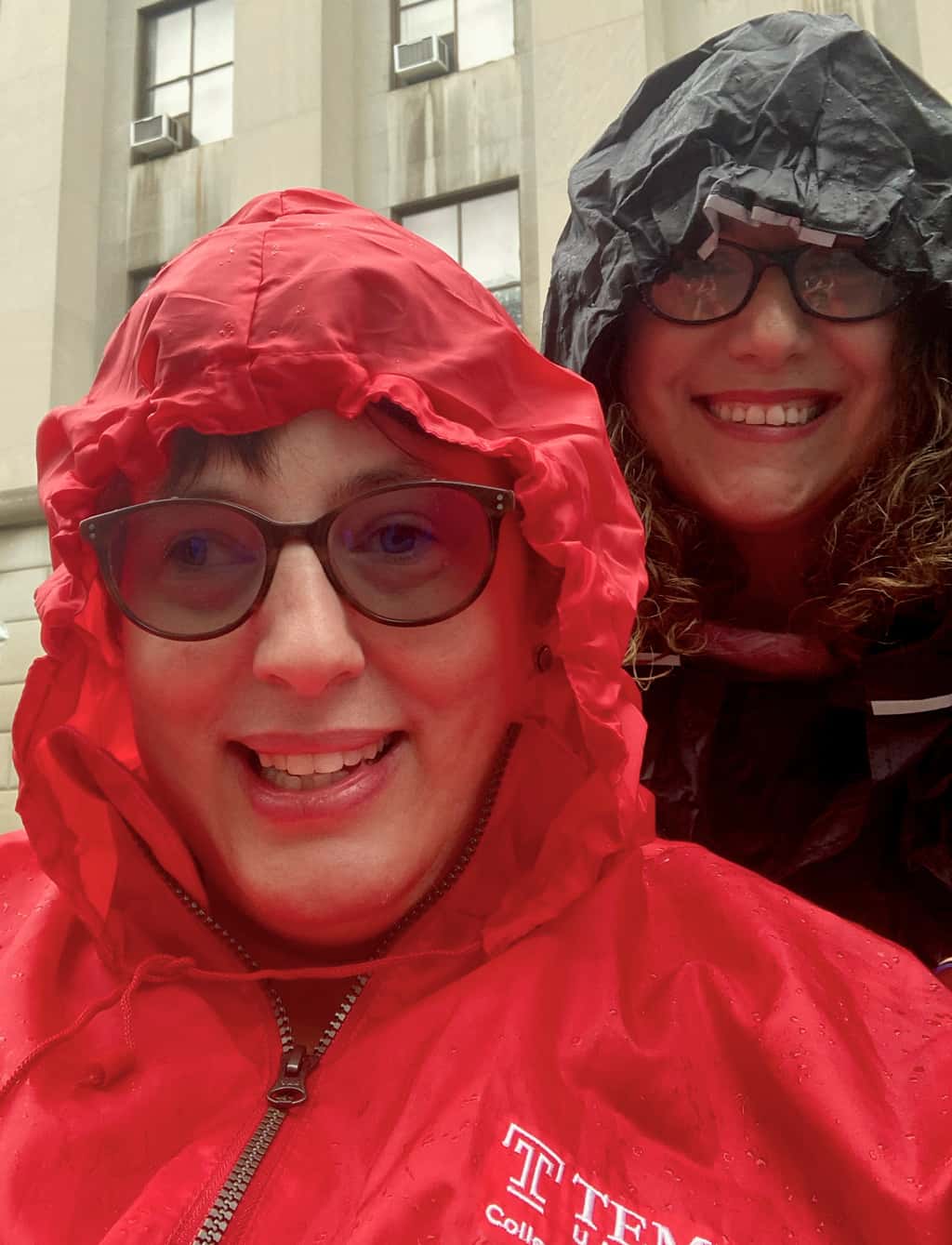 Jamie and Stacy wearing rain gear