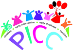 Logo with text, PICC, and multicolored people icons with arms raised, one holding balloons