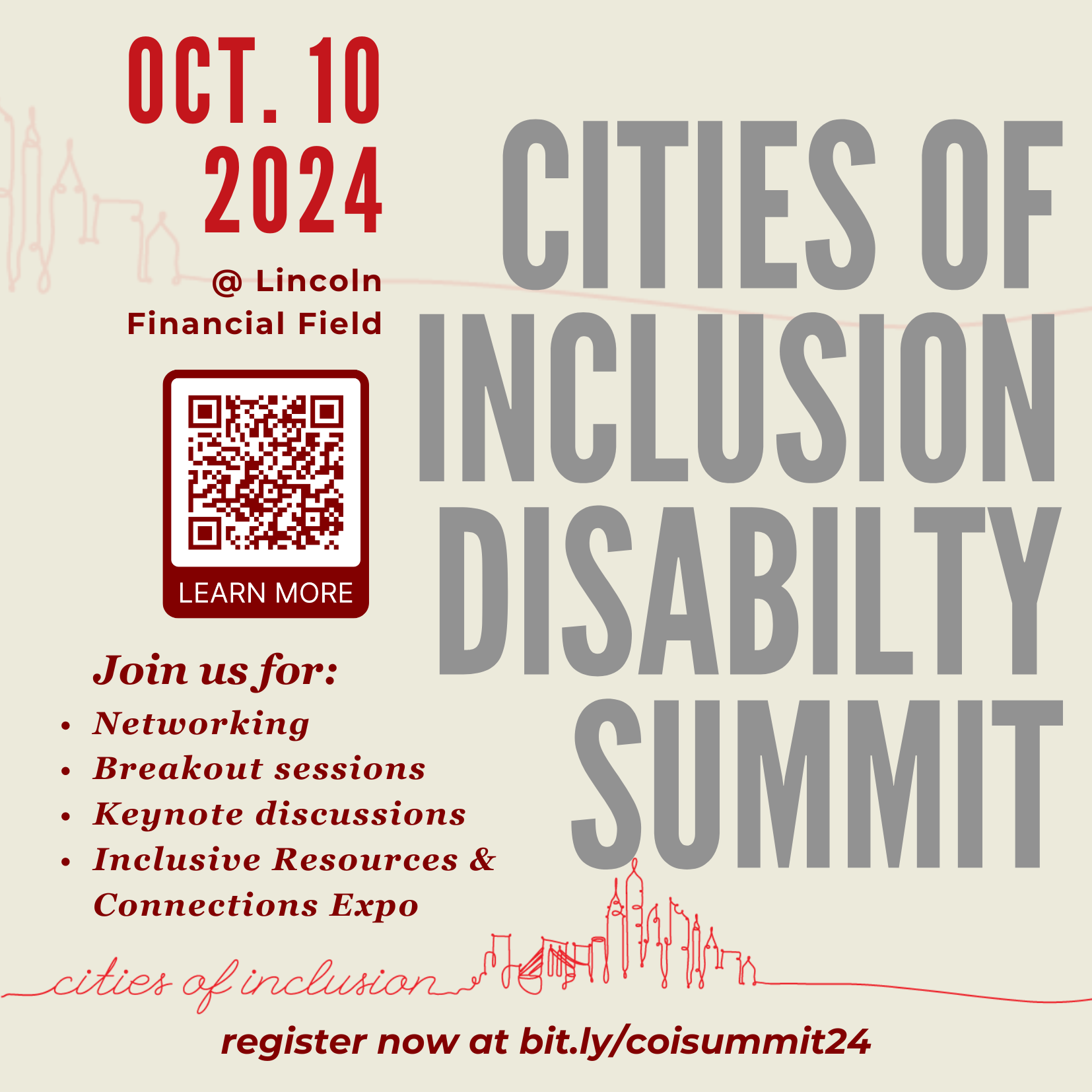 Cities of Inclusion Disability Summit October 10 2024. Join us for networking, breakout sessions, keynote discussions, inclusive resources, and connections expo