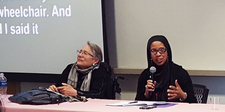 Two women speaking as panelists at a Disability and Change symposium