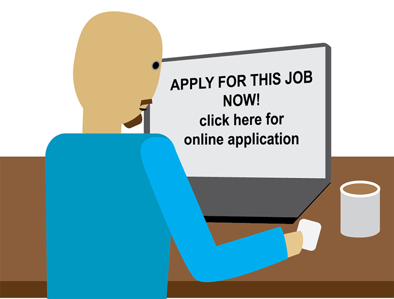person with coffee looking at an online job application link
