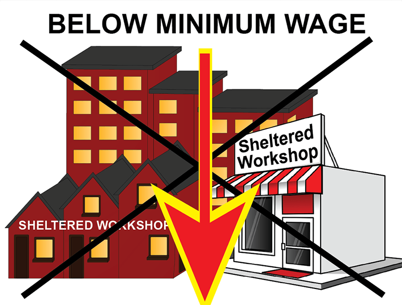 a sheltered workshop with an X through it plus the words, Below Minimum Wage
