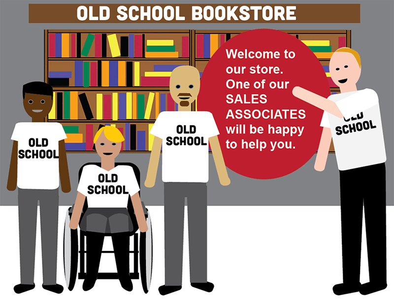 four racially diverse employees together in a bookstore, one using wheelchair
