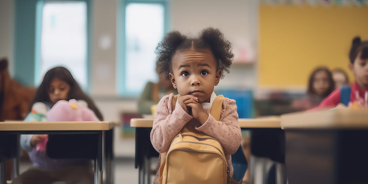 Kindergarten-age child wear backpack inside classroom, looks to front of room, eyes focused