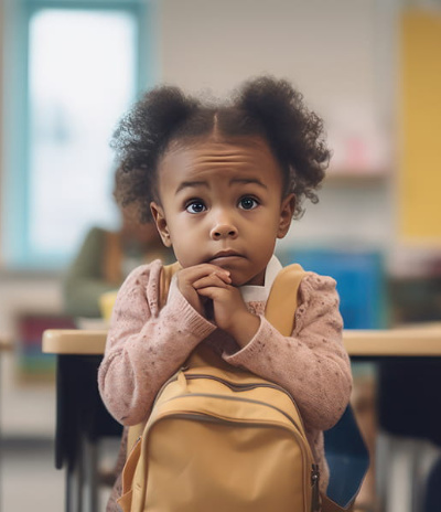 Preschool age girl in classroom, hands folded and eyes forward
