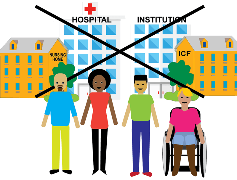 A big X through hospitals, nursing home, ICF, and institution