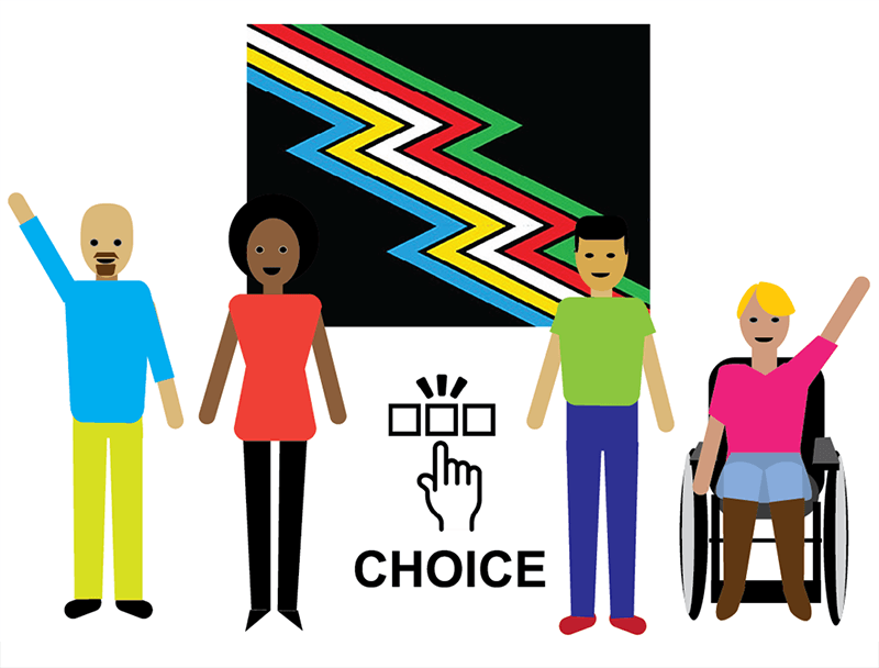 people in front of a Disability flag and a finger pointing to the word Choice