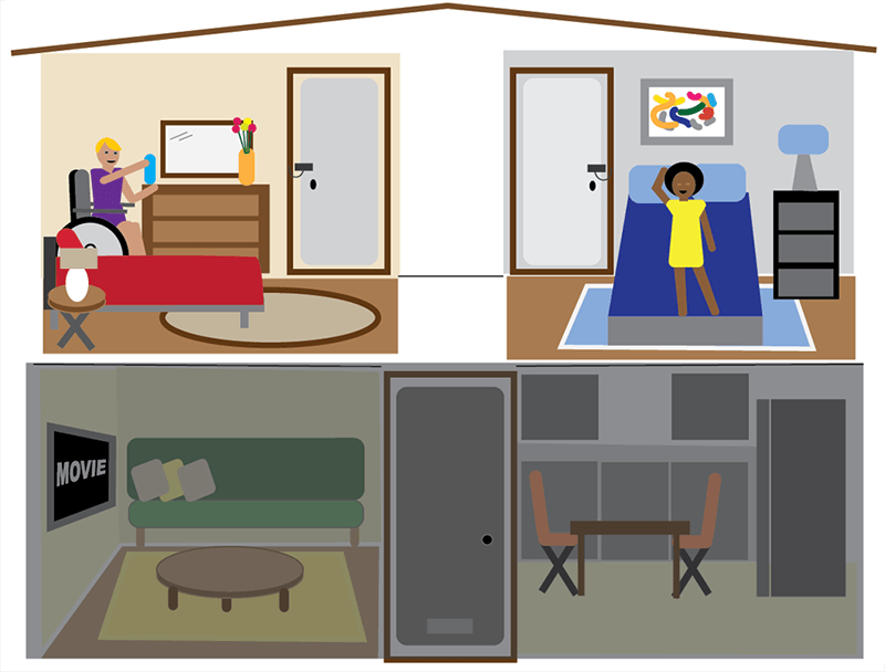 a home with an individual alone in each of two bedrooms - one is sleeping, the other is active