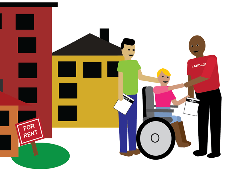 a person using a wheelchair shakes hands with landlord and takes lease