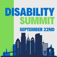 Navy blue silhouetted Philadelphia skyline beneath bright blue and green text: Disability Summit September 2nd. 