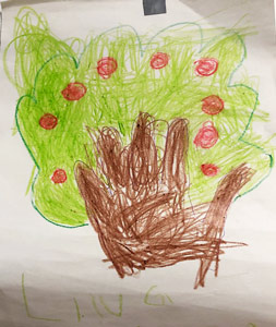 crayon drawing of a tree, its trunk a traced hand, signed by Ling