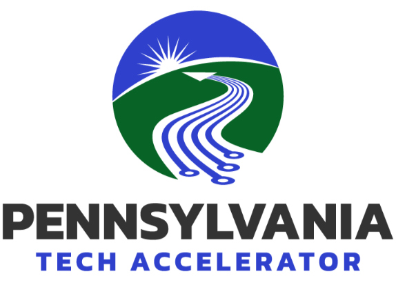 Circular Pennsylvania Tech Accelerator graphic with blue curved lines referencing circuit board elements wind a path through green space, like furrows in a plowed farm field, converging as an arrow near the arc of the horizon, and point to a rising sun in blue sky