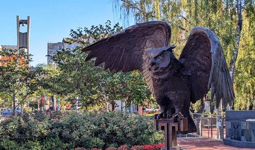 large owl scultpture on campus