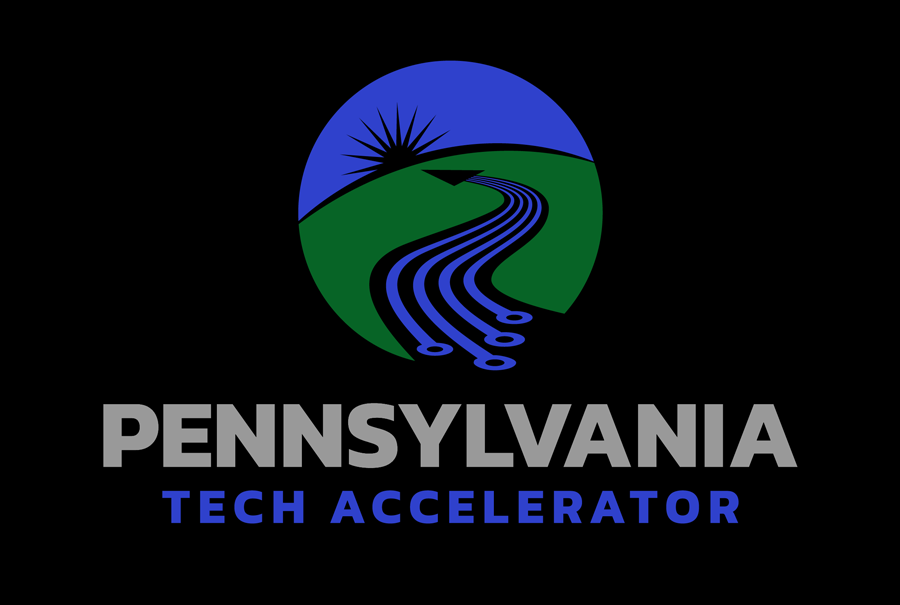 PA Tech Accelerator logo has lines referencing circuit board elements reminiscent of farmland furrows, that wind a path through green space to their endpoint as an arrow near a horizon, pointing to a rising sun in blue sky