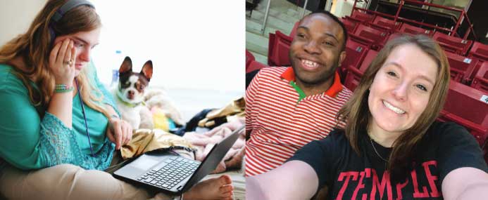 photo of young woman using laptop with dog looking on and photo of 2 Temple students sitting in bleachers