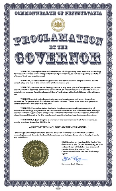 Screen shot of Governor Shapiro's Assistive Technology Month 2023 proclamation