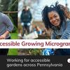 Photo 1: Young Black adult using wheelchair smiles toward viewer while holding a seedling in an outdoor garden. Photo 2: Young adult stands on a garden path and waters plants.