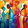 Richly colored graphic of people moving with wheelchairs or on foot, some interacting and holding hands