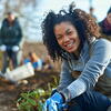 Young Black adult using wheelchair smiles toward viewer while holding a seedling in an outdoor garden. Beyond, others tend to the garden.