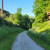 Cinder trail through a grassy landscape with trees and gentle slopes