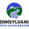 Circular Pennsylvania Tech Accelerator logo curvy lines referencing circuit board elements similar to furrows in a plowed farm field, that wind a path through green space and converge as an arrow near a horizon arc, pointing to a rising sun in blue sky