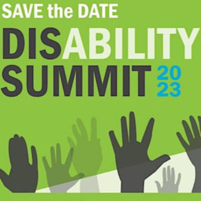 Disability Summit 2023 Save the Date. Many silhouetted hands reach upward.