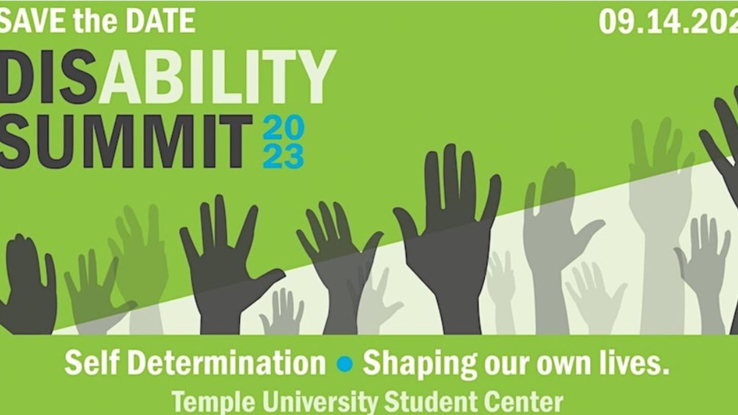 Disability Summit 2023 Save the Date. September 14. Graphic of many silhouetted hands reaching upward.